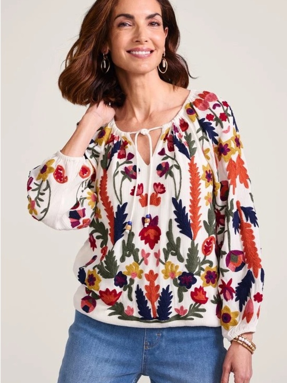 Soft Surroundings Banjara Cream Floral Embroidered Blouson Tie Neck Top Medium